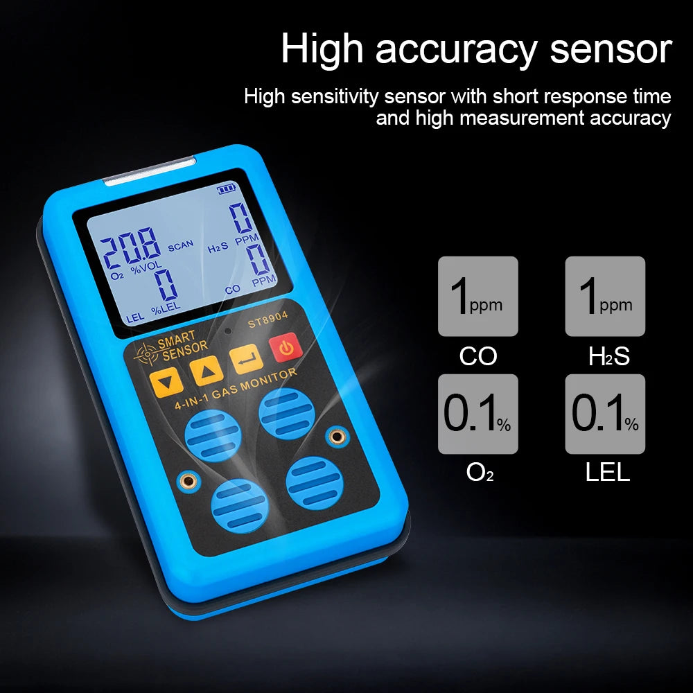 Digital 4-in-1 Gas Detector Oxygen (O2) Hydrogen Sulfide (H2S) Carbon Monoxide (CO) Combustible Gas LEL Monitor Gas Analyzer