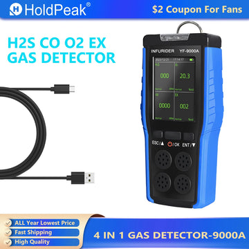 HOLDPEAK Handheld Gas Detector, O2 EX H2S CO Gas Analyzer, Air Quality Monitor Industrial Safety, Four-In-One Gas Sensor