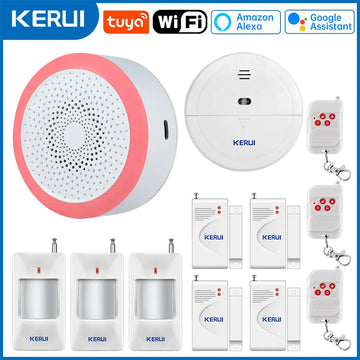 KERUI Tuya Smart Home Alarm Hub WiFi Wireless Siren Alarm Kit with Motion Detector Door Sensor Support Alexa for Home Security