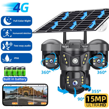 15MP 4G Solar Camera PTZ Outdoor CCTV Triple Lens Three Screen PIR Colour Night Vision Weatherproof V380 PRO Cameras