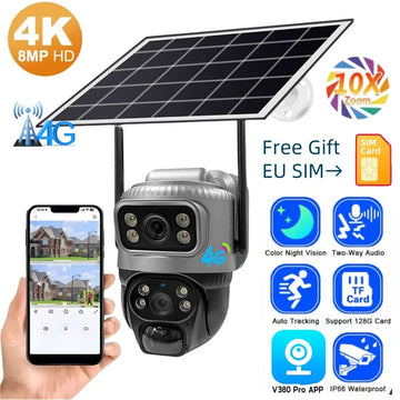 Dual Lens Dual Screen Solar Camera With 4G Sim Card Outdoor Surveillance Cameras Color Night Vision CCTV