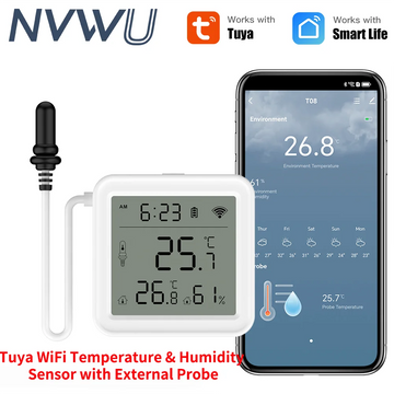 Tuya WiFi Temperature Humidity Sensor With External Probe for Smart Home Hygrometer APP Monitoring For Plants Aquarium Winery