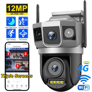 4G-SIM IP Camera WiFi 12MP 6K Dual Lens Triple Screens Smart Network Wireless Monitor V380 Security Protection CCTV Home Cameras