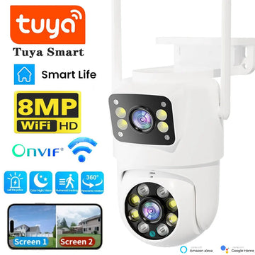 Tuya Wifi Dual Lens 4K Outdoor Camera 8MP Dual Screen Security Camera Auto Tracking Monitoring Surveillance Support Alexa/Google