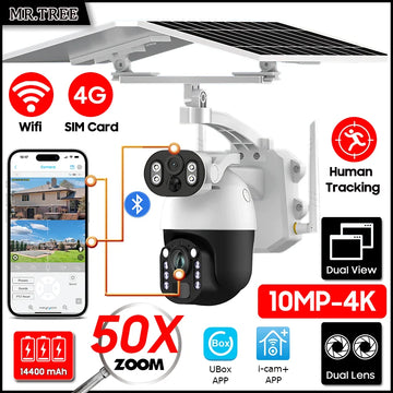 4G SIM Solar Energy Surveillance Camera 4K 50X Zoom Dual Lens Outdoor 10MP Wifi security PTZ Humanoid Tracking CCTV IP Cameras