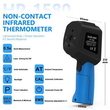 HoldPeak Laser Infrared Thermometer, Adjustable Emissivity, HP-1580 Precision Temperature Gun, For Electrics & Heating Detection