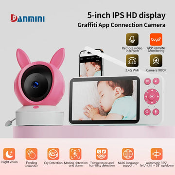 5" Tuya Smart WiFi Feeding Reminder Temperature Motion Sound Detection APP View Control Audio Video Baby Monitors Camera 1080P