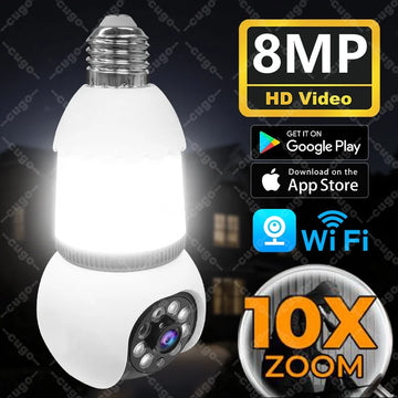8MP E27 Bulb Camera With LED bulbs WiFi Surveillance Camera Automatic AI Tracking Video 10X Zoom Color Night Vision Wireless Cam