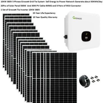Solar Panel Kit Complete For Home 10000 w 5000w 380V 3 Phrase220v On Grid System Growatt Grid Tie Inverter 2 MPPT PV Panel 500W