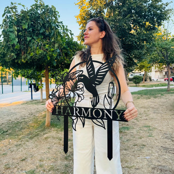 Custom Hummingbird Metal Garden Decor, Bird with Stakes Garden Sign,Flower Design Personalized Sign,Custom Garden Name Sign