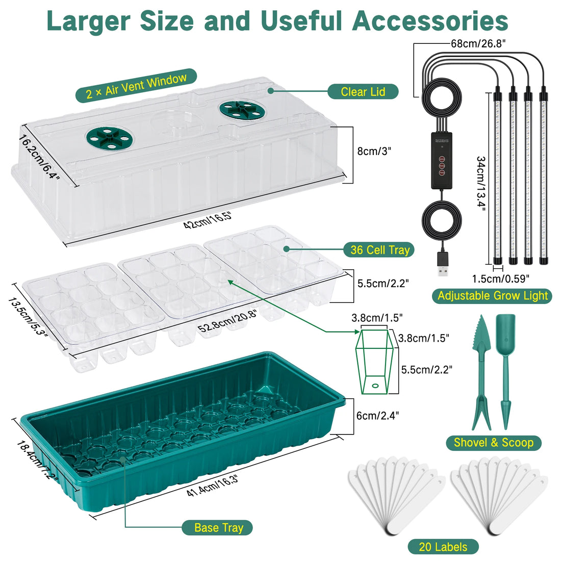 Seed starter tray with grow light, 36-cell seed germination kit, with humidity dome,and adjustable three-color lighting.