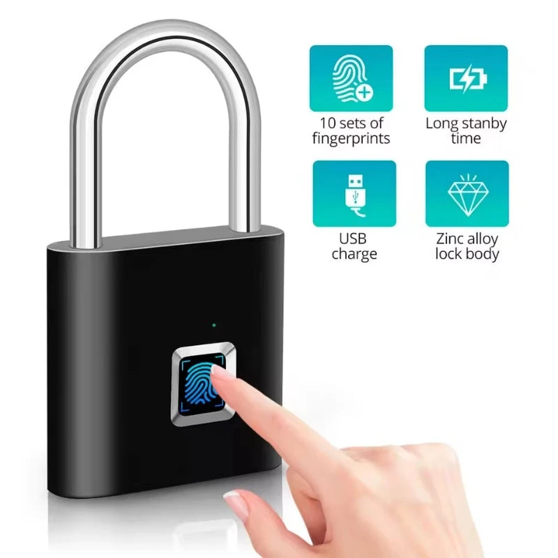 Smart Fingerprint Padlock Waterproof Biometric Fingerprint Keyless Door Lock USB Rechargeable Security Padlock for House Unlock