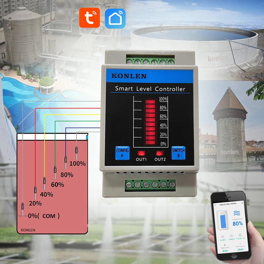 KONLEN Tuya Tank Water Level Sensor Controller Monitor WIFI Automatic Flood Leak Alarm Detector Smart Life Leakage Protection