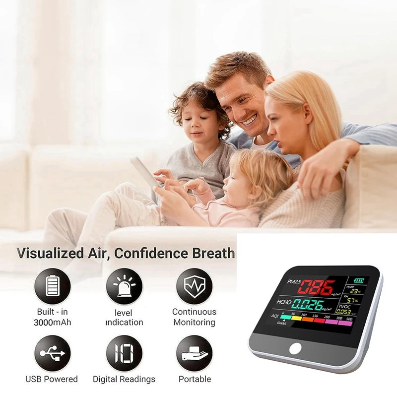 8-In-1 Indoor Air Quality Monitor Dust Detector Air Quality Tester PM2.5/PM1 /PM10 Monitor Temperature Formaldehyde TVOC