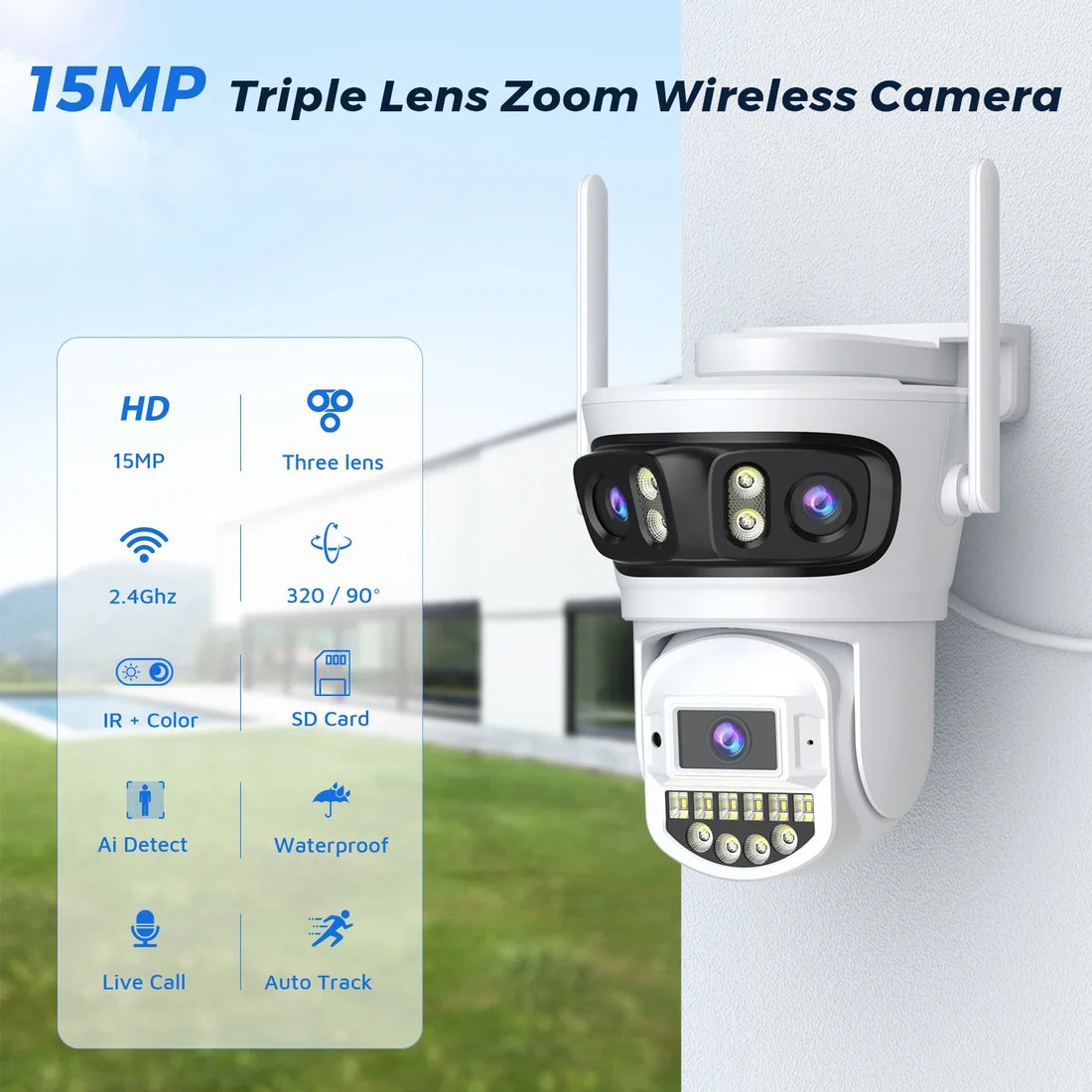 Outdoor Auto Tracking Camera with Multi Screens,15MP, 6K, 5X Digital Zoom, PTZ Security Protection, CCTV Surveillance, O-Kam Pro
