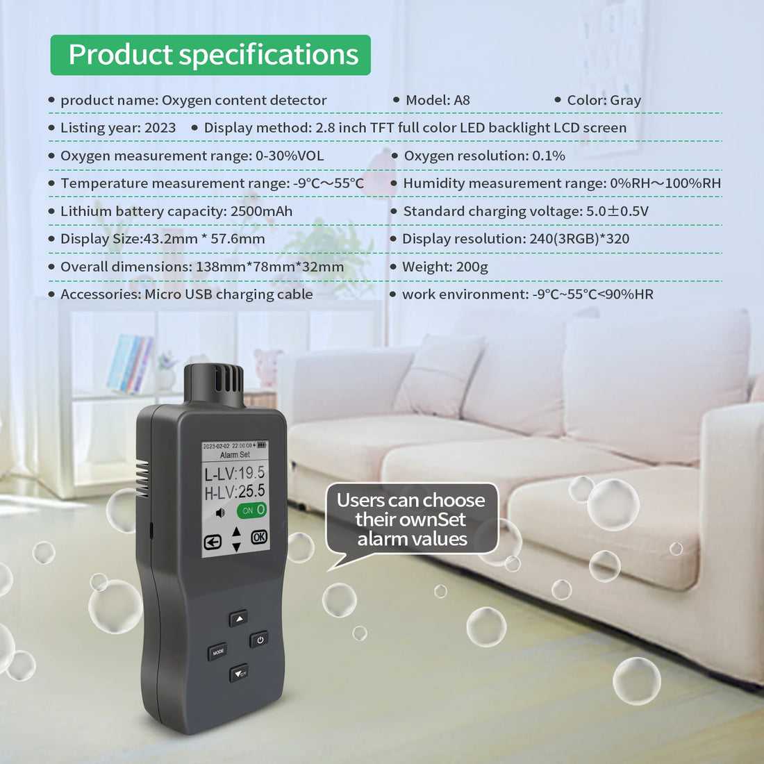 A8 Handheld Oxygen Concentration Detector Oxygen Content Monitor Oxygen Detector Oxygen Test Exceeds Alarms