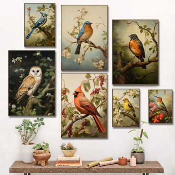 Antique Cardinal Blue Bird  Goldfinch Hummingbird Robin Owl Poster Canvas Painting Print for Living Room Home Decoration Cuadros