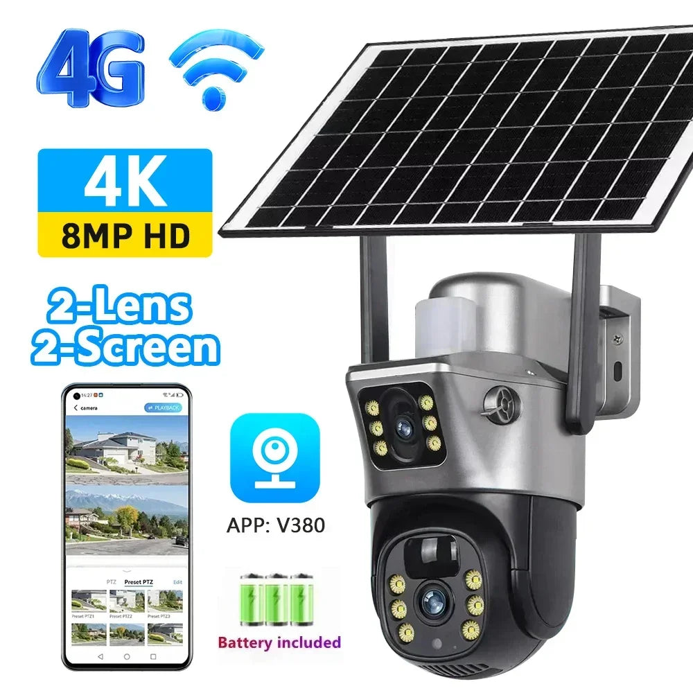 4K 8MP Dual Lens Solar Security Camera Outdoor WiFi 4G Wireless CCTV Surveillance IP Cam for SIM Card Waterproof Night Vision