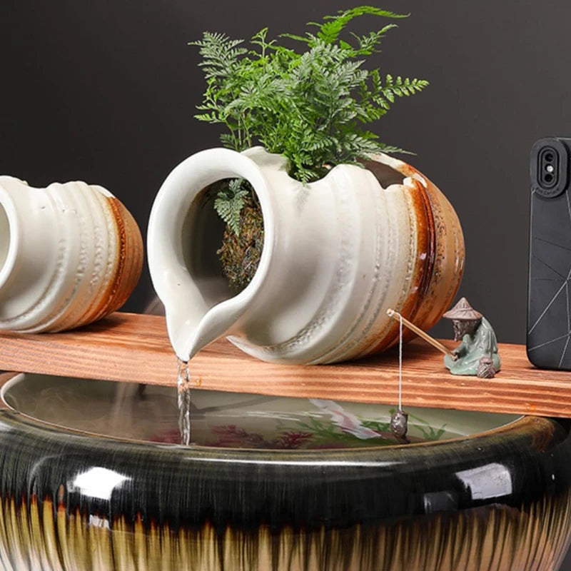 Circulating Water Clay Pot Waterfall Jar Courtyard Fountain Fish Tank Indoor Garden Decor Ceramic Jar Outdoor Ornament Landscape
