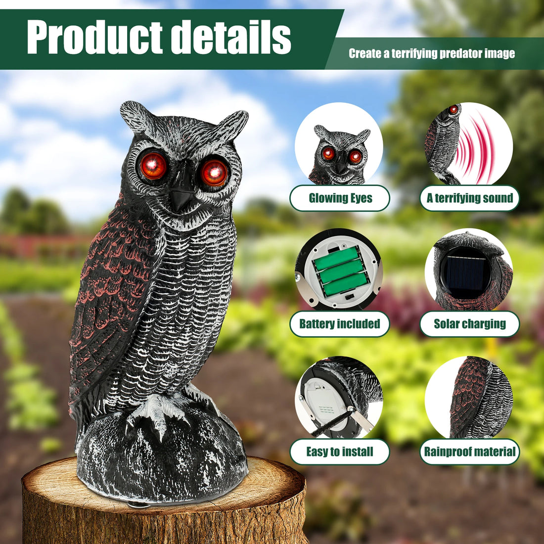 New Solar Owl Scare Bird Control Devices Waterproof Garden Fake Owl Deterrent Decoration With Scary Sound and Eyes Emit Light