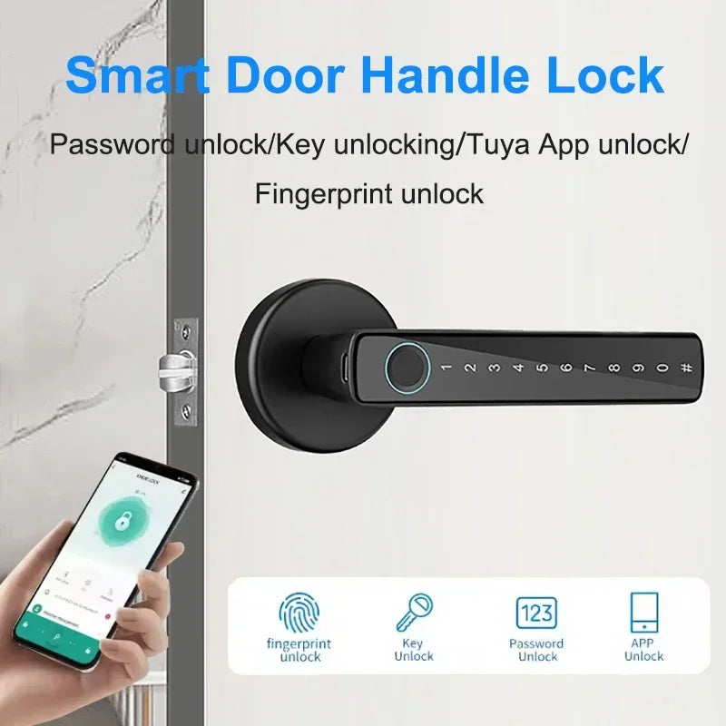 Tuya Bluetooth Smart Fingerprint Door Handle Lock Electronic Password APP Remote Unlock Hotel Apartment Office Bathroom Bedroom