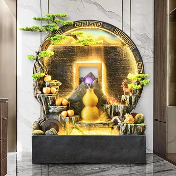 Large Zen-style Resin Office Decorative Ornament Round Water Curtain Wall Flowing Screen Rockery Fountain Circulating
