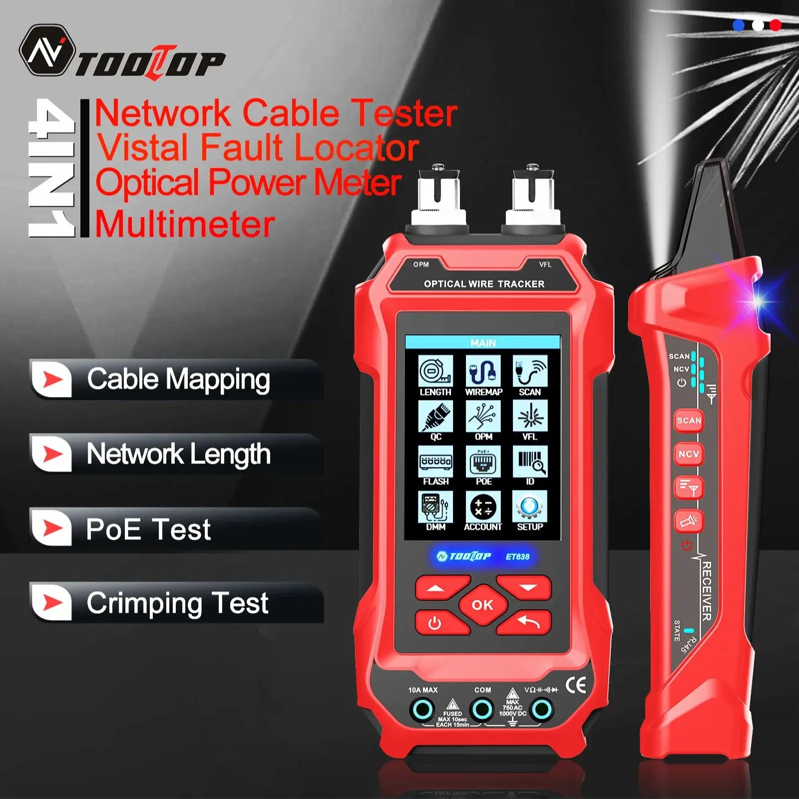 TOOLTOP Network Cable Tester 4 in 1 Multi-function Fiber Optical Power Meter Visual Fault Locator noise-free LAN Line Tracking