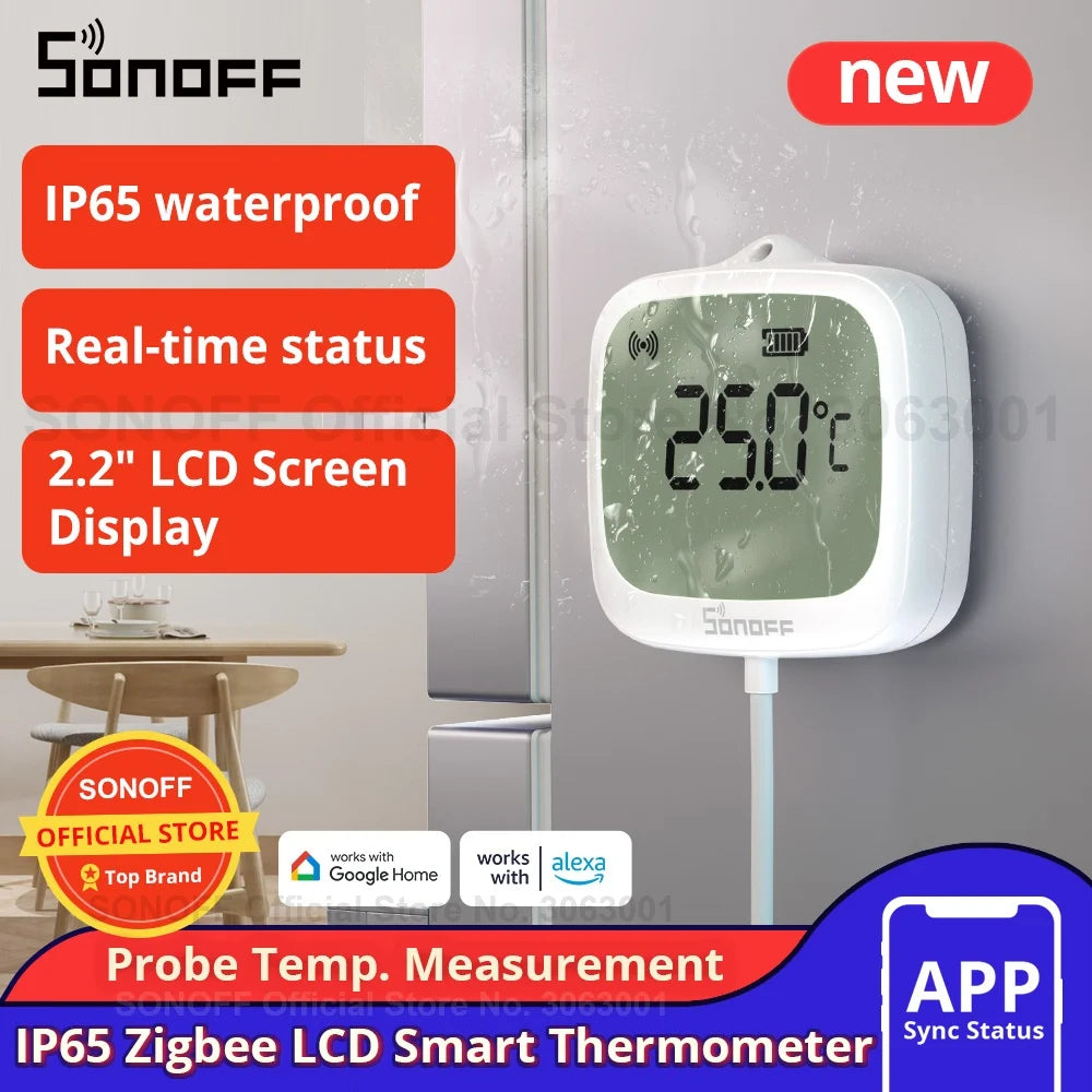 SONOFF SNZB-02LD IP65 Zigbee LCD Smart Home Thermometer with Probe for Pool Bathtub Fish Tank Liquid Requires Sonoff Zigbee Hub