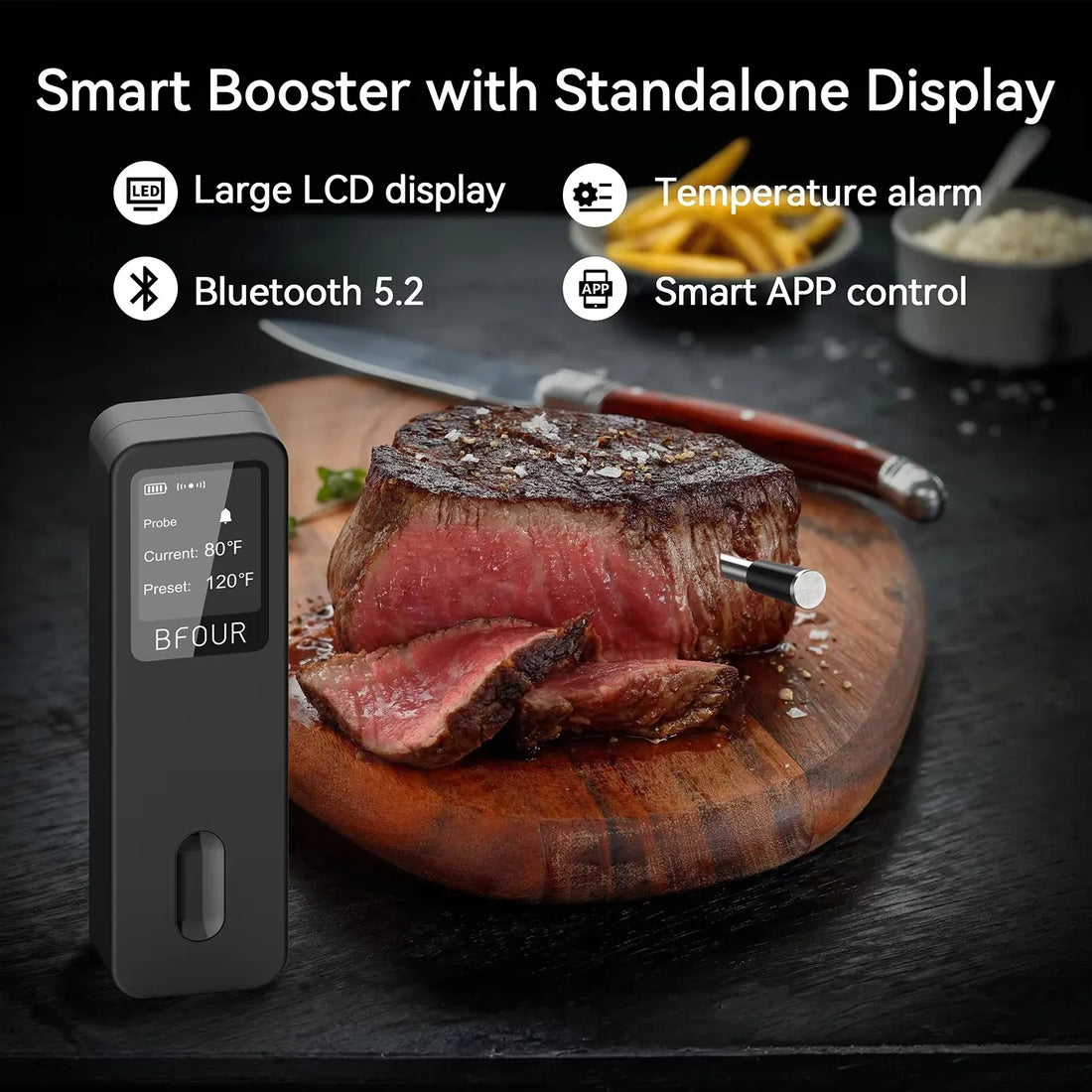 Wireless Bluetooth Meat Thermometer IP67 Waterproof Probes with LCD Screen Booster Rechargeable for Grilling Smoker BBQ Oven