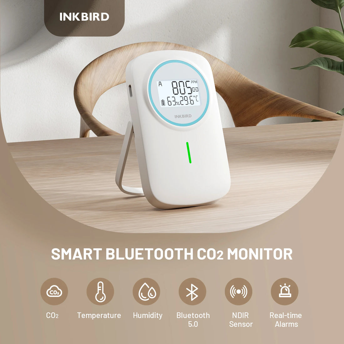 INKBIRD Smart Bluetooth CO2 Detector Indoor Temperature Humidity Monitor with Light and Sound Dual Alert for Office,Study,Home