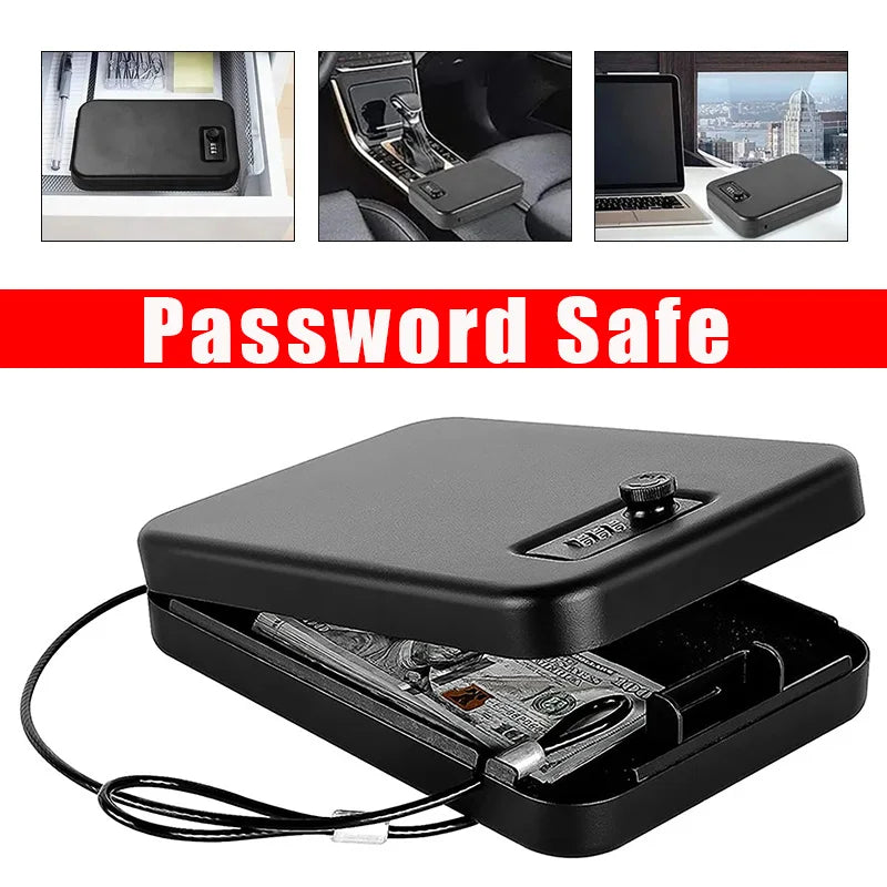 Portable Small Safe Box Travel Lock Storage Cabinet 3-digit Password Case with Security 3Ft Steel Cable for Passport Jewelry