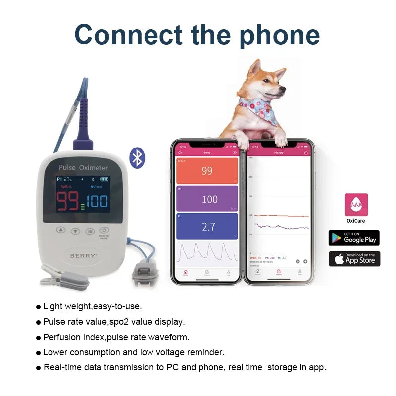 veterinary Wireless BLE Handheld pulse oximeterS spo2 sensor Free app remote pet medical product