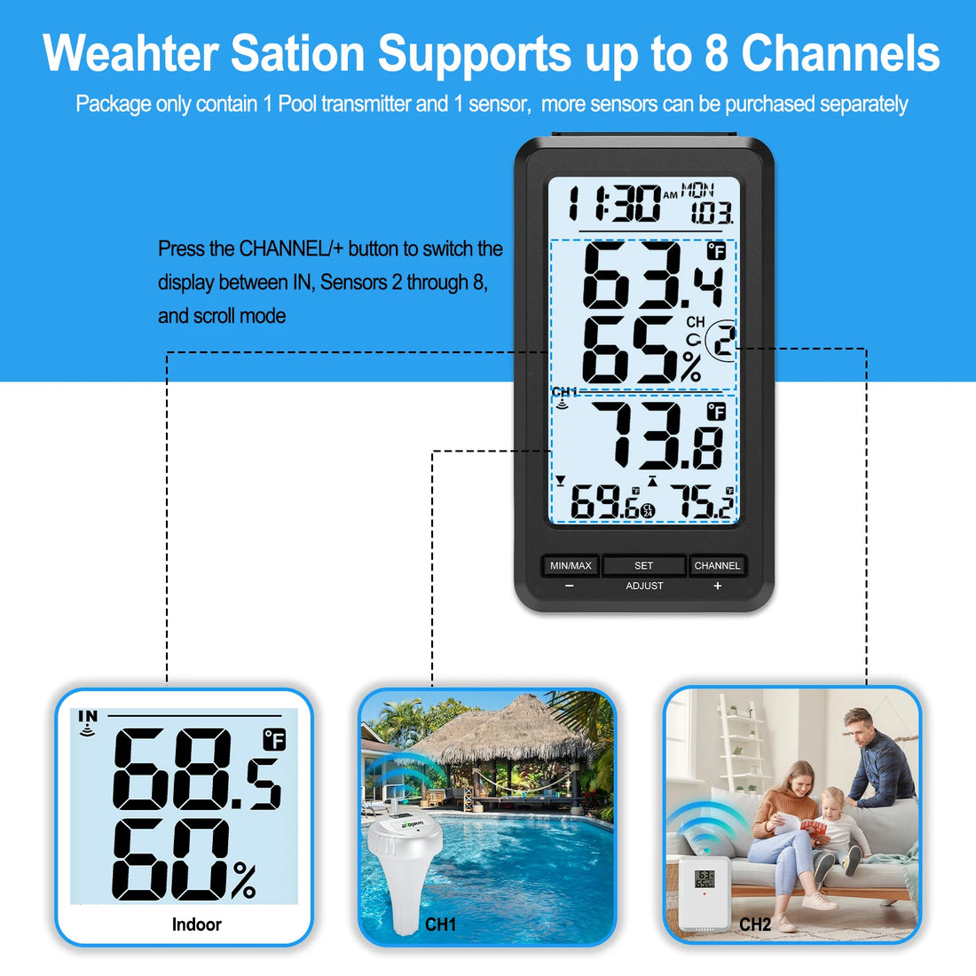 Wireless Digital Pool Thermometer - IPX8 Waterproof Temperature Sensor with 328ft Range & LCD Display Alarm for Hot Tub/Spa