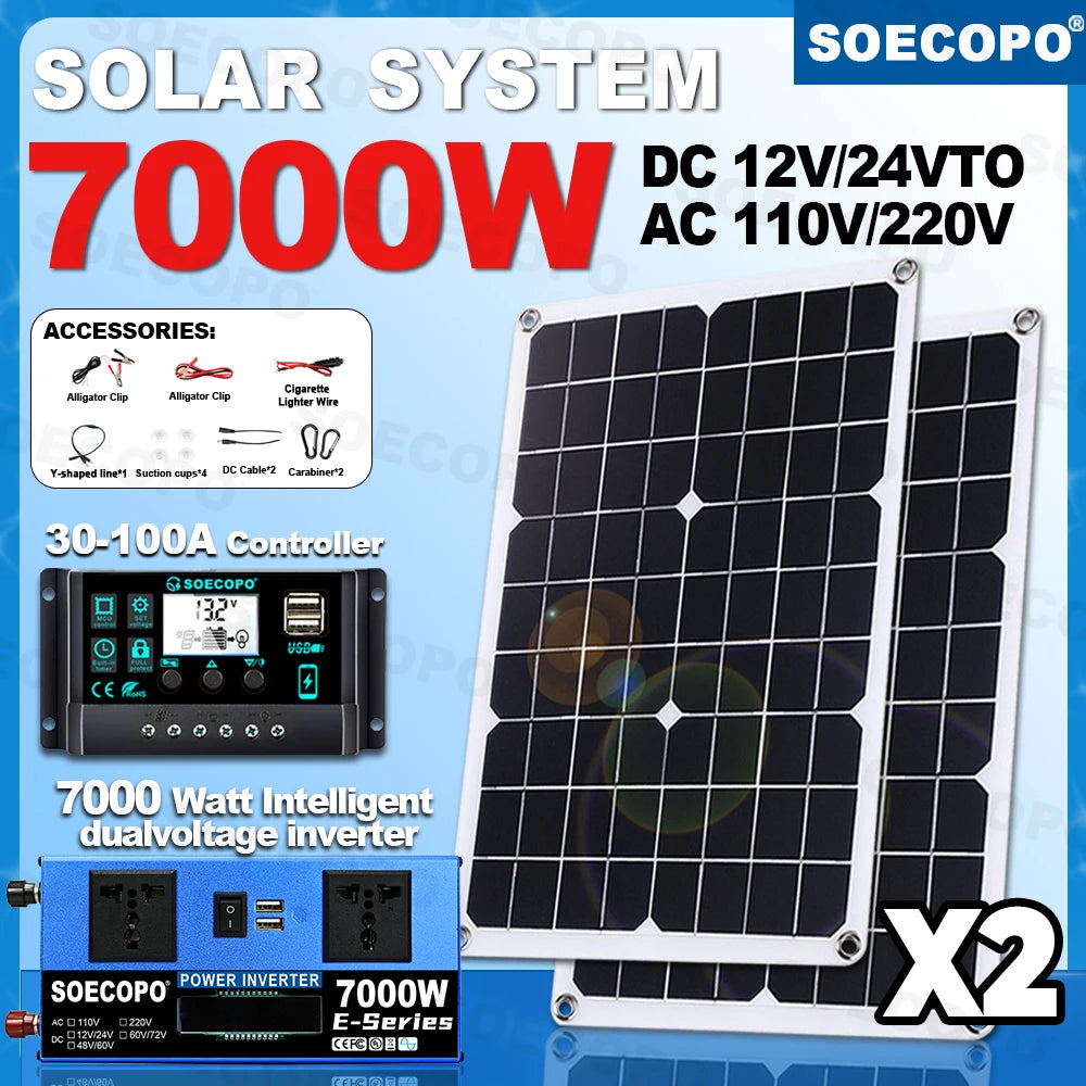 SOECOPO 7000W 2*500W Solar Panel DC 12V - AC 110V/220V Inverter Complete Solar Kit 100A Controller Camping USB 5V/1.5A Home
