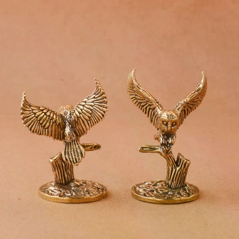 Antique Solid Brass Owl Miniature Figurines Retro Copper Animal Tea Pet Desktop Ornament Decor Crafts Animal Figurines