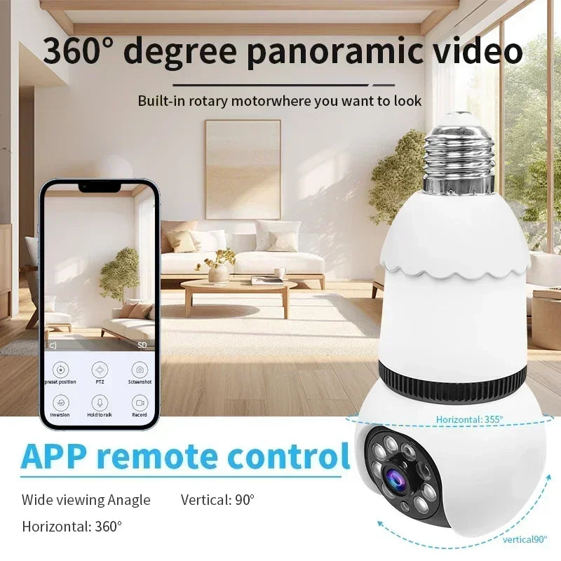8MP E27 Bulb Camera With LED bulbs WiFi Surveillance Camera Automatic AI Tracking Video 10X Zoom Color Night Vision Wireless Cam