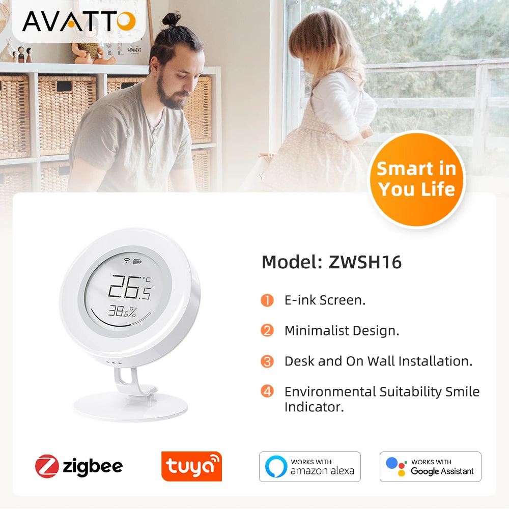 AVATTO Tuya ZigBee Smart Temperature And Humidity Sensor E-ink Screen Low Power Battery APP Control Works With Alexa Google Home