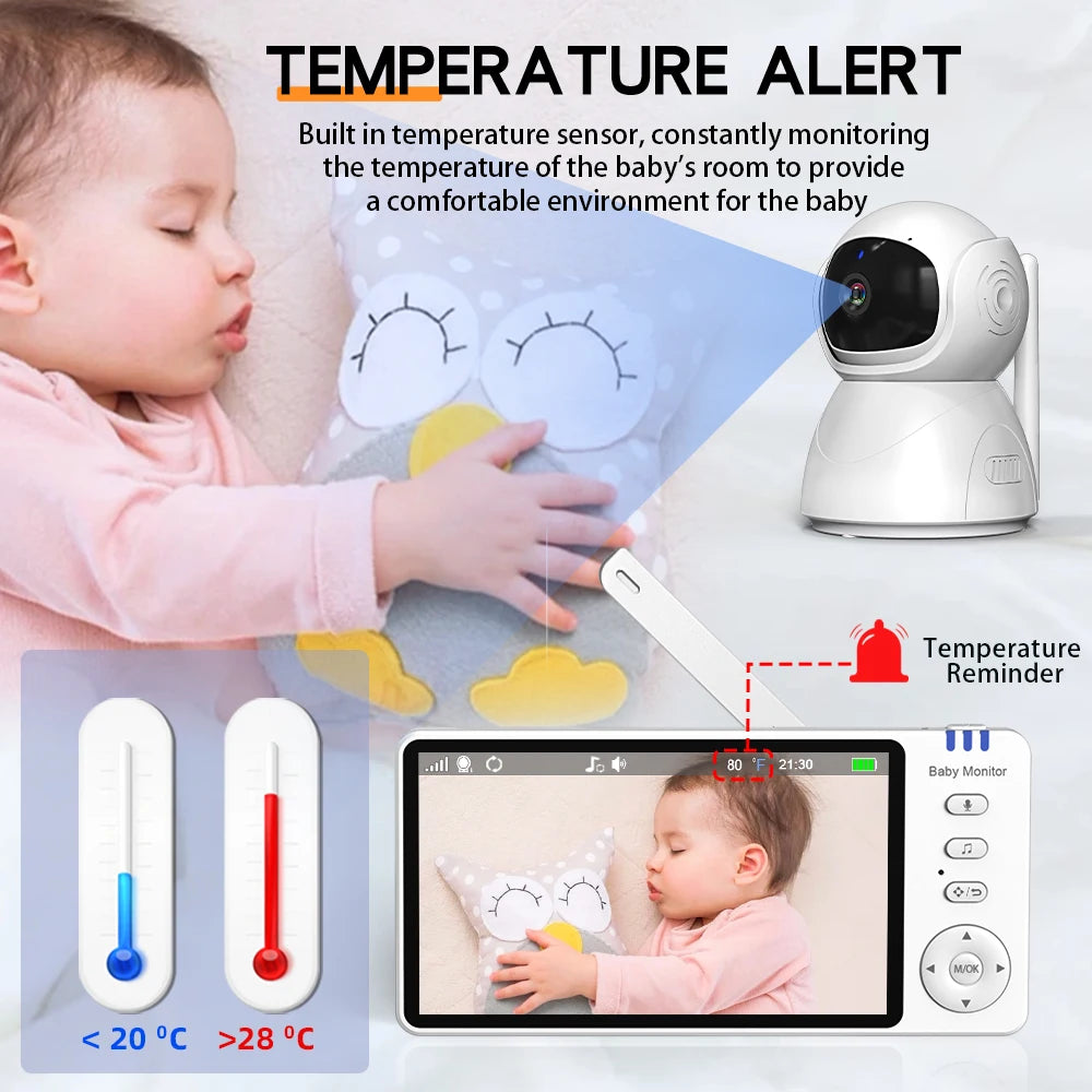 5" 720P HD IPS Screen Video Baby Monitor Pan Tilt 4X Zoom Camera Babysitter 2 Way Audio Night Vision 3500mAh Battery Lullaby VOX