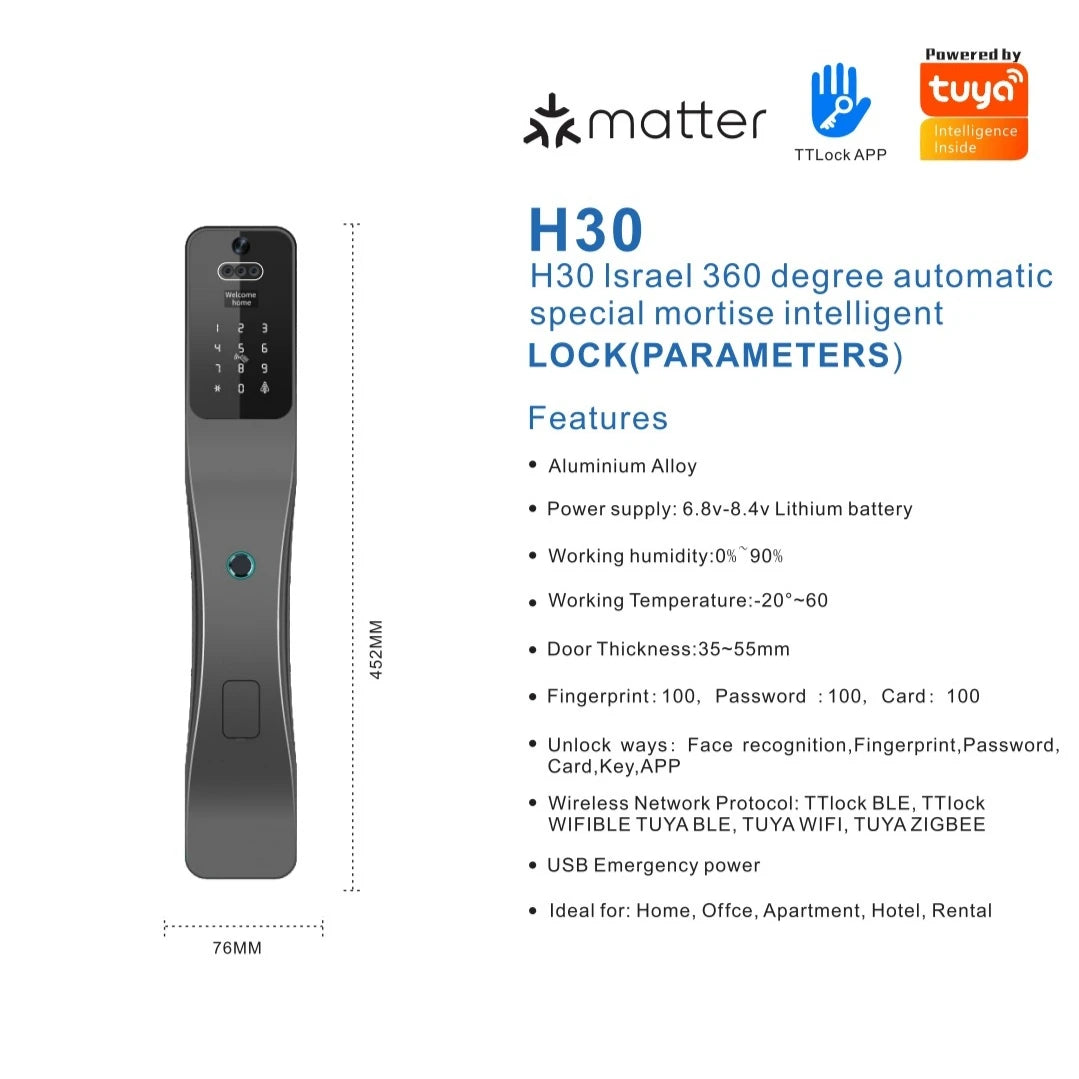 3D Face Doodle Smart Lock with Israel 4-Way Security Lock for Ultra-Safe Keyless Entry
