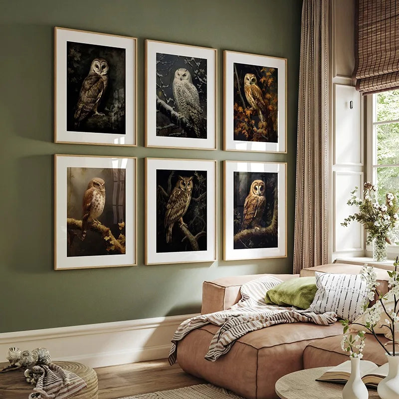 Owls Vintage Poster Canvas Painting Dark Retro Bird Owl Print Wall Art Pictures Moody Farmhouse Gallery Room Wall Decoration