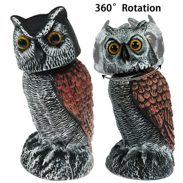 360° Rotation Fake Owl Decoys Statue Motion Activated Scarecrow Shaking Head Simulation Bird Deterrent Realistic