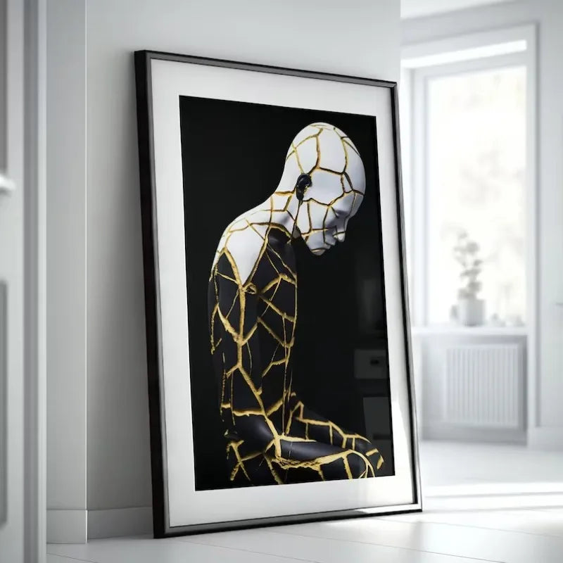 Unique Kintsugi Black Gold & White Portrait of A Person Poster Canvas Painting Modern Wall Art Interiors Living Room Home Decor
