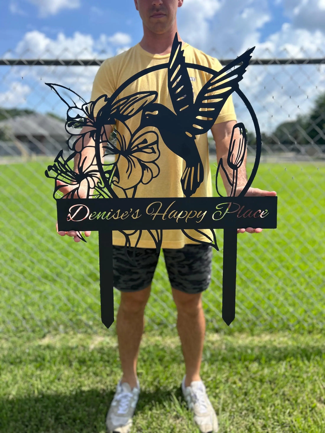 Custom Hummingbird Metal Garden Decor Bird with Stakes Garden Sign Flower Design Personalized Garden Sign Custom Garden Name