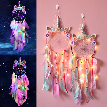 Unicorn Dream Catcher LED Light Wind Chimes Feather Hanging Dream Catchers Bedroom Wall Hangings Decoration Unicorn Dreamcatcher