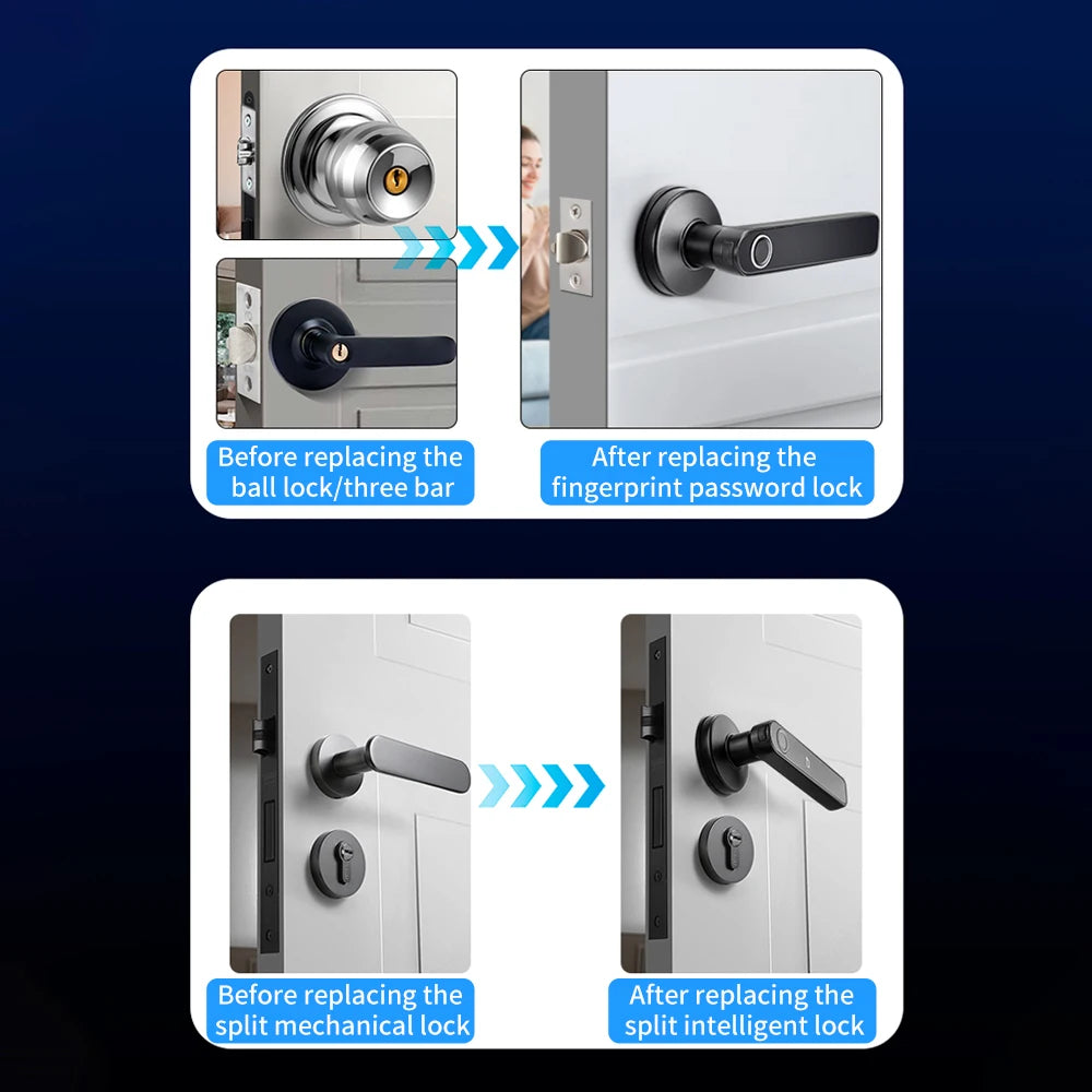 Tuya SmartLife APP BLE Smart Fingerprint Lock Password RFID IC Card Lock Handle Dead Bolt Home Wooden Metal Door Handle Latch