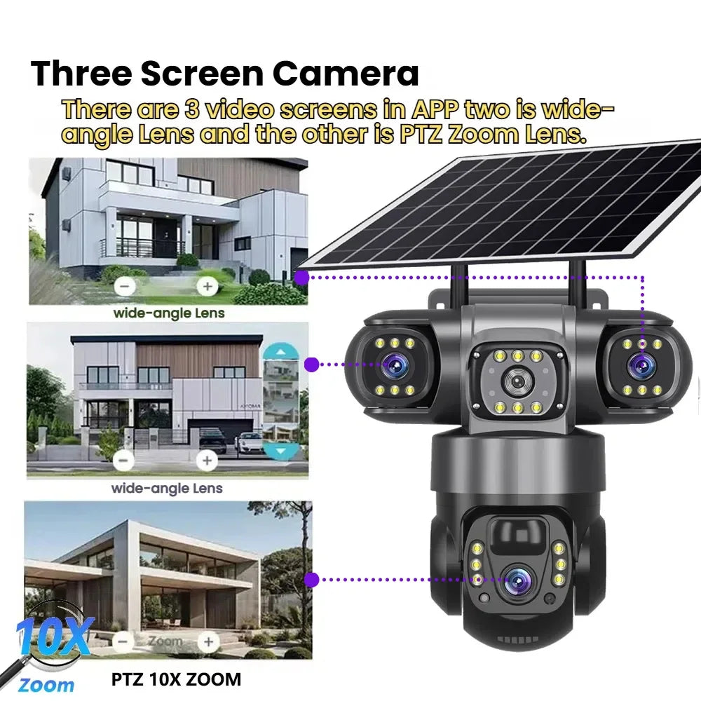 12MP HD Solar Outdoor Camera 3 Lens 3 Screen 10X Zoom CCTV Night Vision IP66 Waterproof PIR Human Detect Wifi Security Camera
