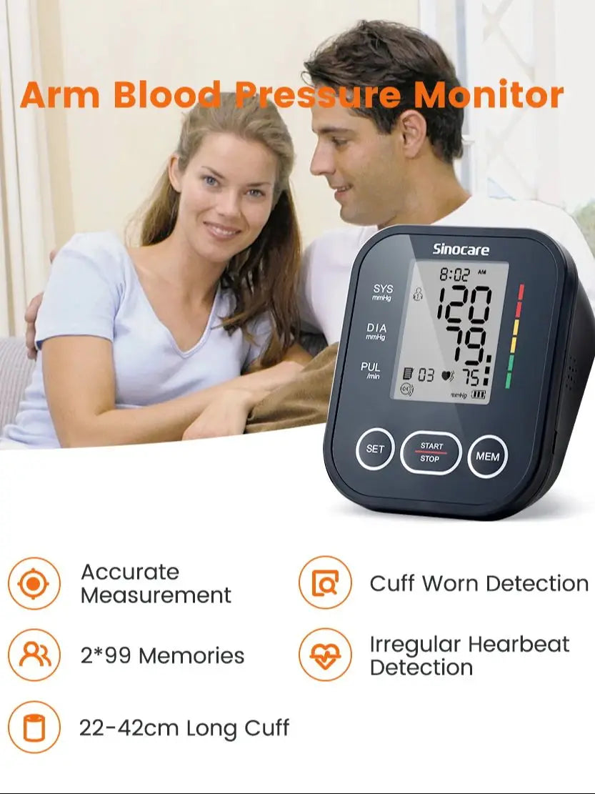 Sinocare Automatic Sphygmomanometer Digital Blood Pressure Monitor Upper Arm Tensiometer, Hypertension&Pulse Monitor Large Cuff