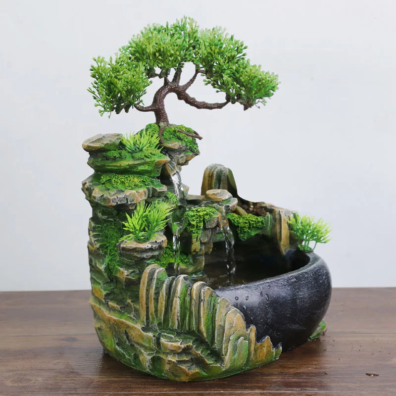EU Plug,Indoor Simulation Resin Rockery Waterscape Feng Shui Water Fountain Home Desktop Decoration Crafts
