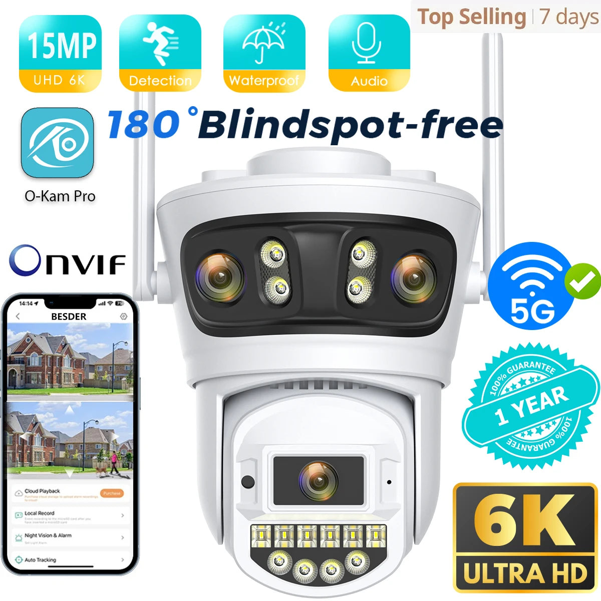 Outdoor Auto Tracking Camera with Multi Screens,15MP, 6K, 5X Digital Zoom, PTZ Security Protection, CCTV Surveillance, O-Kam Pro