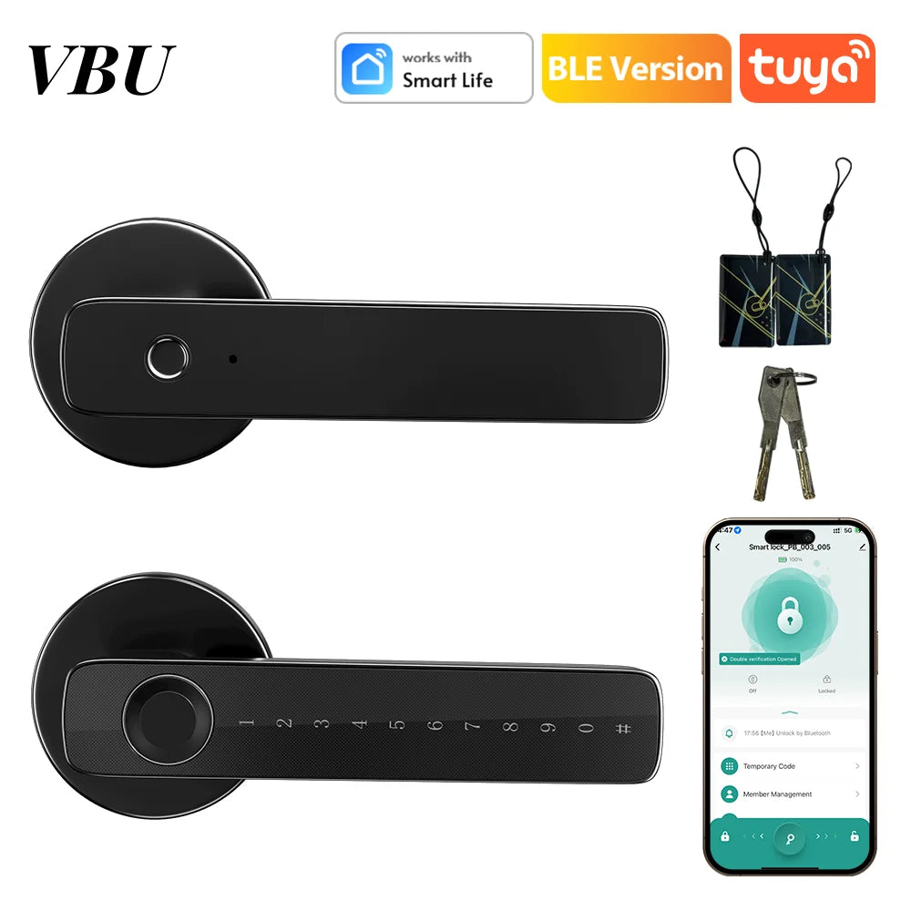 VBU Tuya BLE Fingerprint Door Lock Digital Electronic Lock with Password/Key/IC Card/Smart Life/Tuya APP Remote Unlock